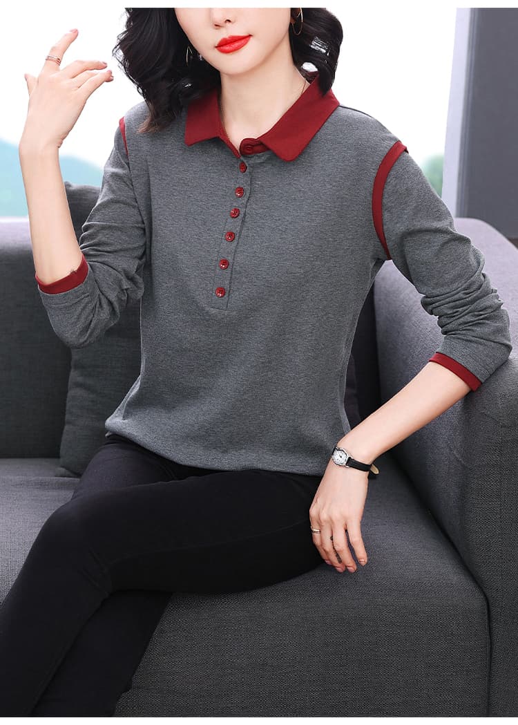 2026 가을 순면 긴팔 티셔츠 여성 외국 가스 연령 감소 패션 슬림해 보이는 다용도 여성 폴로 칼라 기본 셔츠 맨위 상세 이미지 11