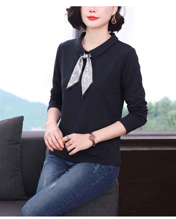 2026 가을 새로운 패션 스카프 폴로 칼라 순면 엄마 섹션 티셔츠 여성 다용도 연령 감소 슬림해 보이는 품격 맨위 상세 이미지 16