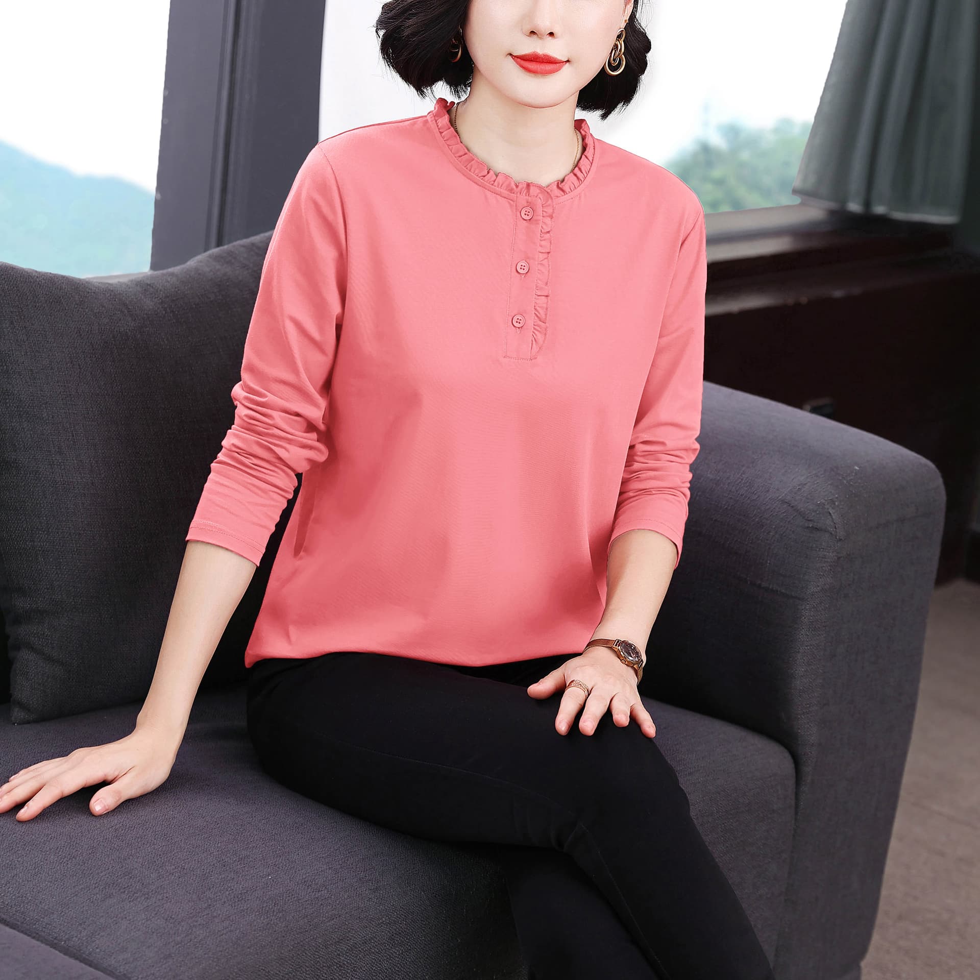 2026 가을 새로운 어머니 드레스 신제품 면 소재 마이크로 폭탄 통기성 편안함 긴팔 티셔츠 만나는 인사이드 가져 가라. 니트 맨위 이미지 3