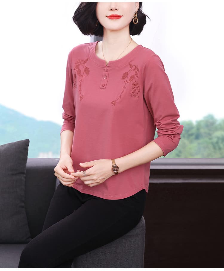 2026 가을 새로운 순면 반팔 티셔츠 중노년 엄마 우아함 민족 스타일 자수 공예 슬림해 보이는 여성 의류 상세 이미지 10