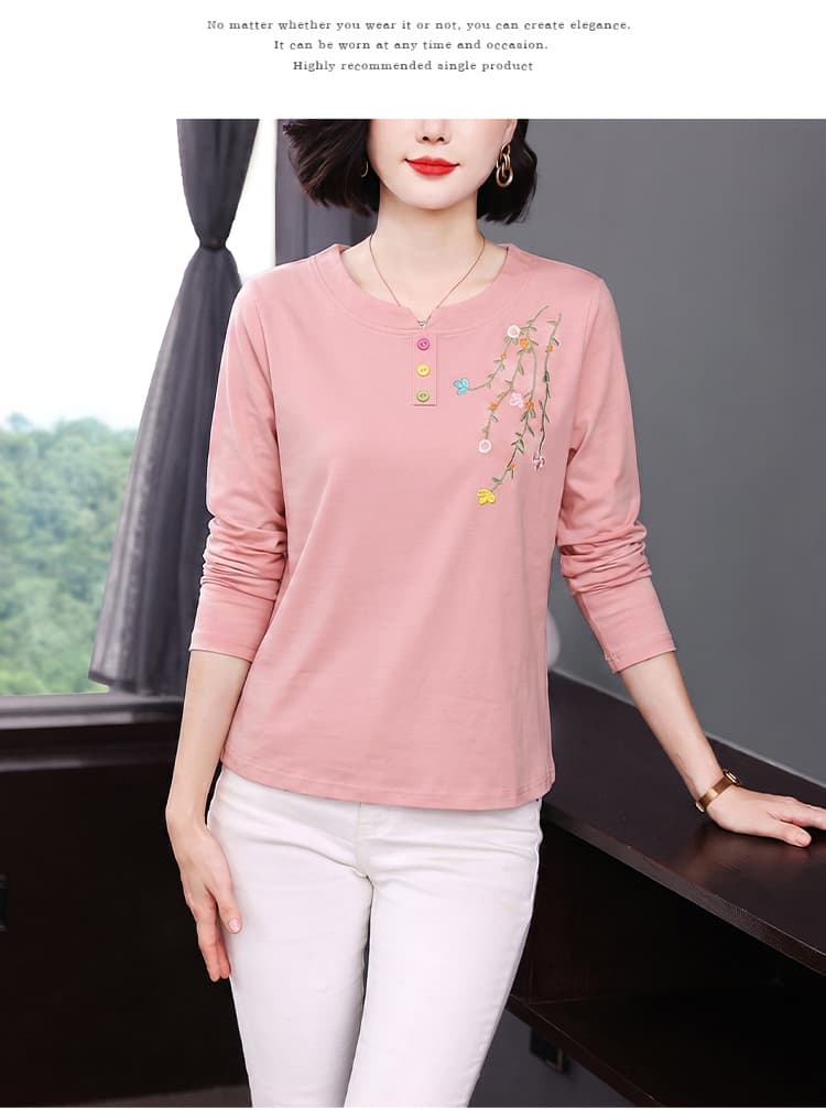 2026 가을 새로운 긴팔 티셔츠 여성 순면 자수 외국 가스 어머니 드레스 기본 셔츠 캐주얼 맨위 상세 이미지 15