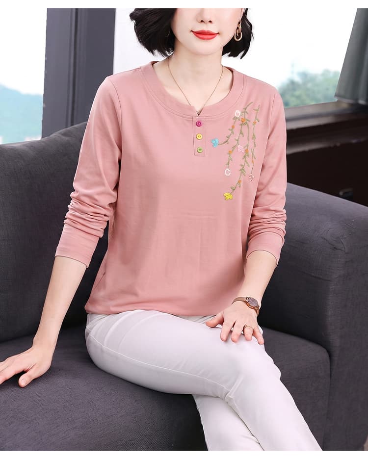 2026 가을 새로운 긴팔 티셔츠 여성 순면 자수 외국 가스 어머니 드레스 기본 셔츠 캐주얼 맨위 상세 이미지 17