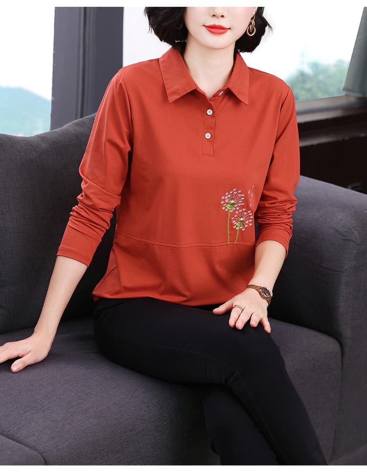 2026 가을 새로운 순면 티셔츠 여성 외국 가스 가을 의상 긴팔 자수 작은 셔츠 중년 엄마 맨위 기본 셔츠 상세 이미지 11