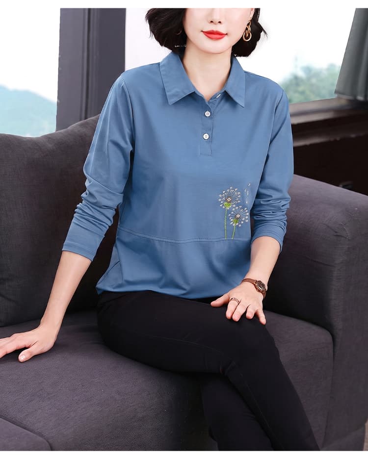 2026 가을 새로운 순면 티셔츠 여성 외국 가스 가을 의상 긴팔 자수 작은 셔츠 중년 엄마 맨위 기본 셔츠 상세 이미지 17