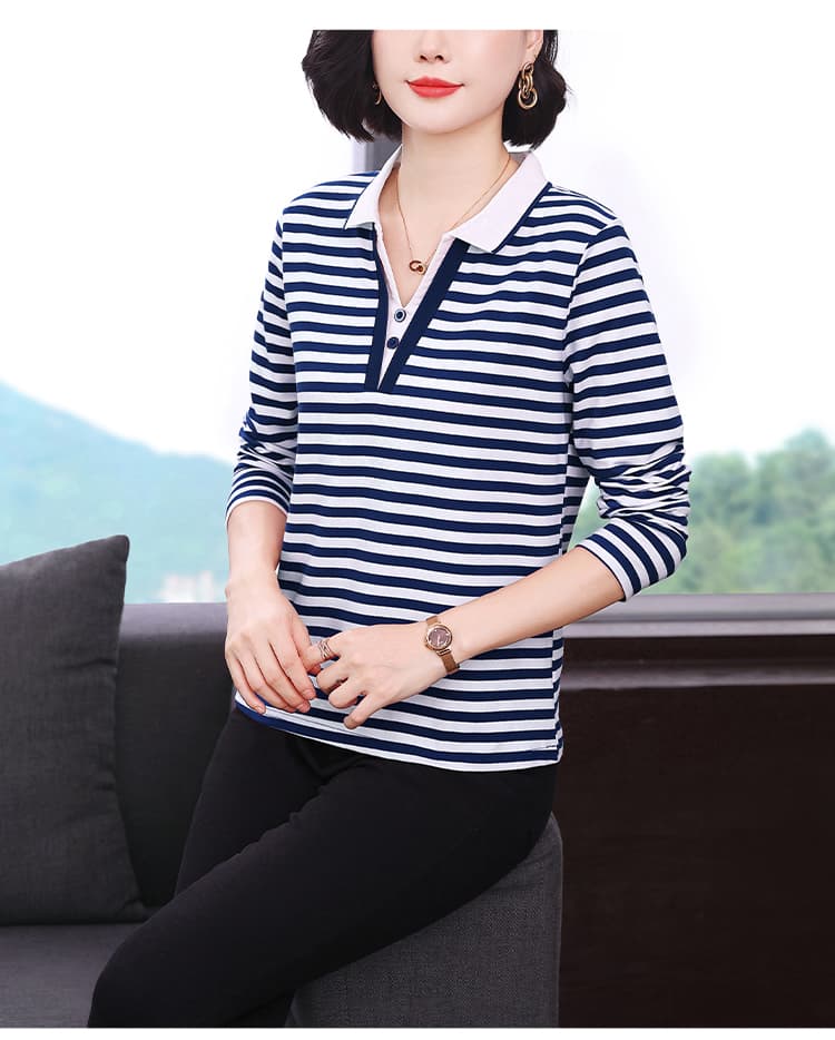 2026 가을 새로운 스트라이프 POLO 칼라 후드티 여성 중년 엄마 루즈핏 표지 고기 다용도 티셔츠 면 기본 셔츠 상세 이미지 16