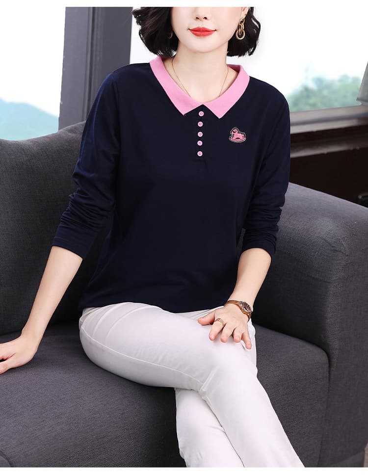 2026 가을 새로운 배색 폴로 칼라 맨위 순면 긴팔 티셔츠 여성 트로이 목마 패턴 자수 만나는 어머니 드레스 상세 이미지 10