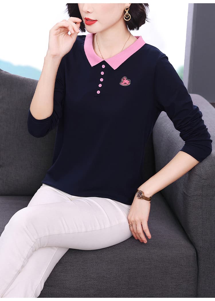 2026 가을 새로운 배색 폴로 칼라 맨위 순면 긴팔 티셔츠 여성 트로이 목마 패턴 자수 만나는 어머니 드레스 상세 이미지 11