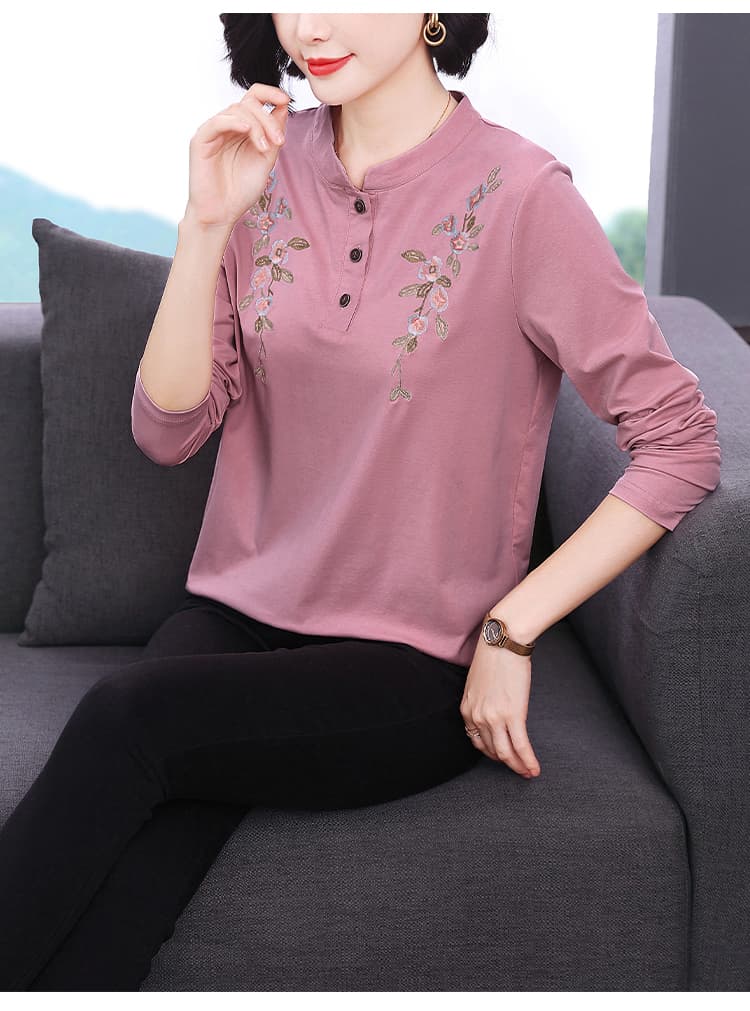 2026 가을 새로운 여성 의류 맨위 슬림해 보이는 엄마 만나는 캐주얼 다용도 순면 자수 긍정적 인 어깨 긴팔 티셔츠 상세 이미지 18