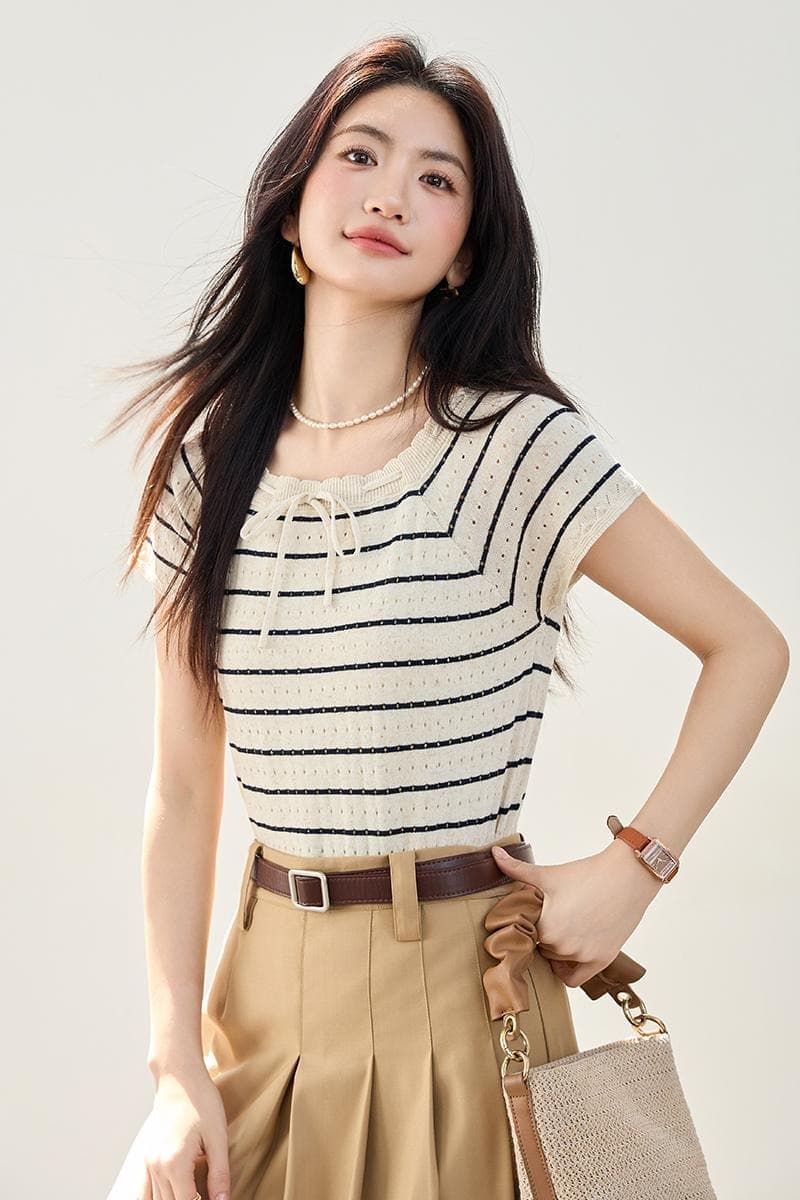 실사 고대 힘 Na 넥타이 같은 단락 한국 스타일 홀로우 아웃 스트랩 스트라이프 니트 스웨터 여성 여름 드레스 새로운 루즈핏 외부 가져 가라. 이미지 7