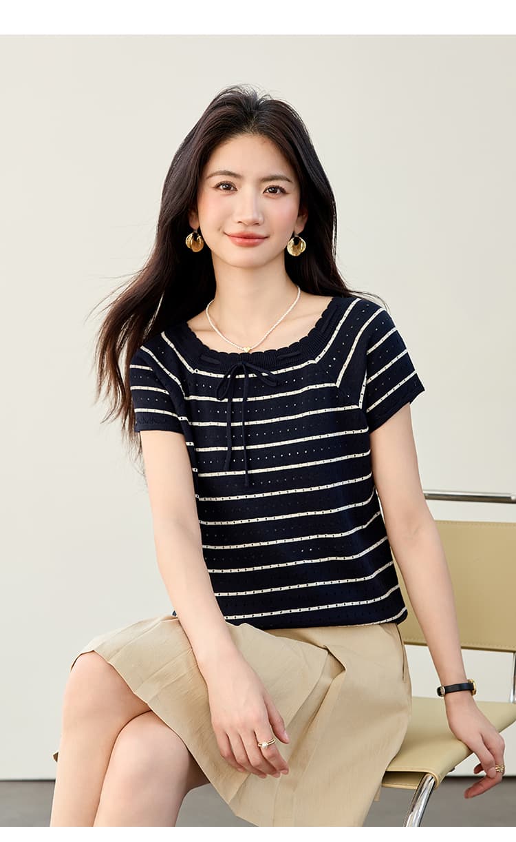 실사 고대 힘 Na 넥타이 같은 단락 한국 스타일 홀로우 아웃 스트랩 스트라이프 니트 스웨터 여성 여름 드레스 새로운 루즈핏 외부 가져 가라. 상세 이미지 13