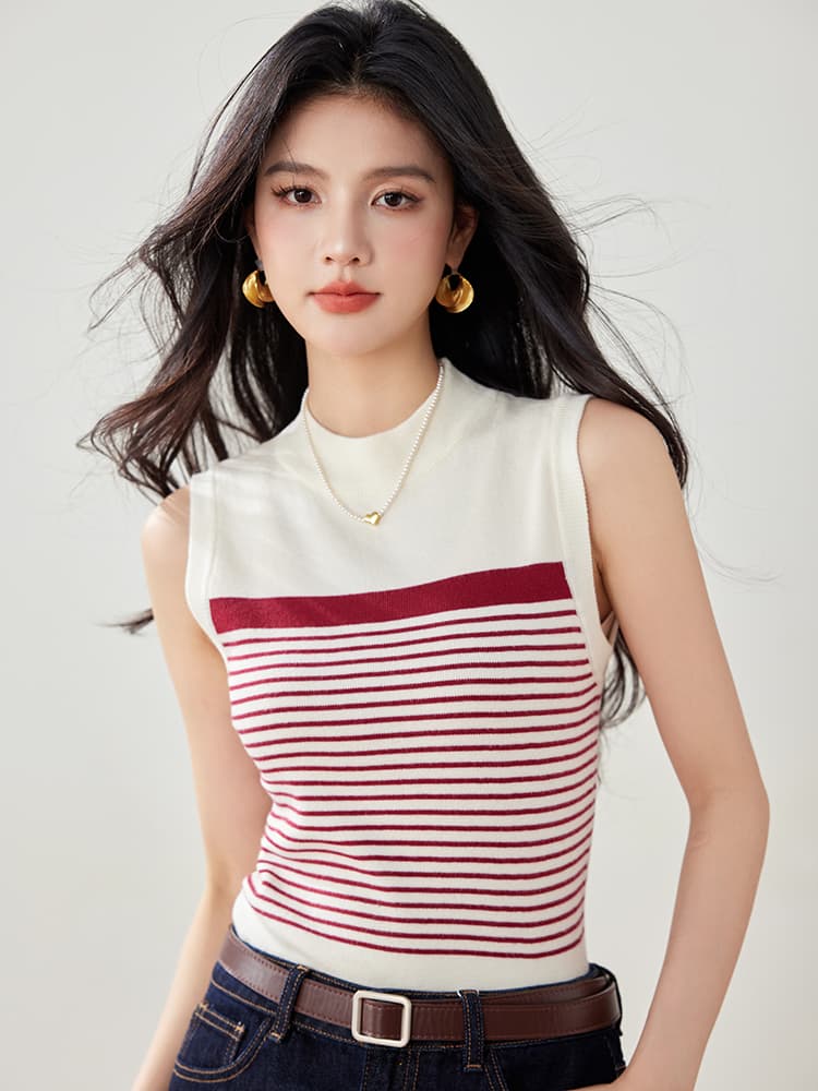 실사 봄 여름 새로운 니트 스웨터 여성 작은 샤넬 스타일 스트라이프 민소매 조끼 몸매 가꾸기 슬림해 보이는 쇼트 스타일 기본 셔츠 이미지 2