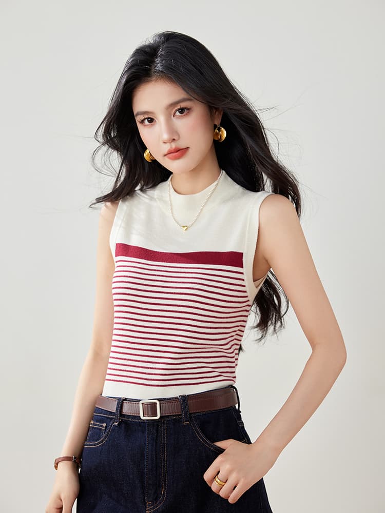 실사 봄 여름 새로운 니트 스웨터 여성 작은 샤넬 스타일 스트라이프 민소매 조끼 몸매 가꾸기 슬림해 보이는 쇼트 스타일 기본 셔츠 이미지 5