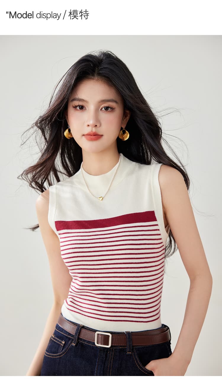 실사 봄 여름 새로운 니트 스웨터 여성 작은 샤넬 스타일 스트라이프 민소매 조끼 몸매 가꾸기 슬림해 보이는 쇼트 스타일 기본 셔츠 상세 이미지 5