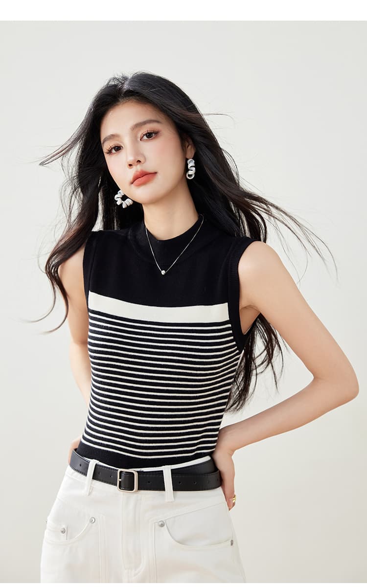 실사 봄 여름 새로운 니트 스웨터 여성 작은 샤넬 스타일 스트라이프 민소매 조끼 몸매 가꾸기 슬림해 보이는 쇼트 스타일 기본 셔츠 상세 이미지 13