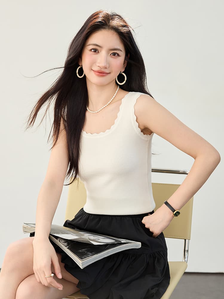 실사 화이트 니트 조끼 여성 인사이드 가져 가라. 디자인 센스 몸매 가꾸기 레이스 광장 칼라 플랫 구두 만나는 넓은 측면 슬립 이미지 5