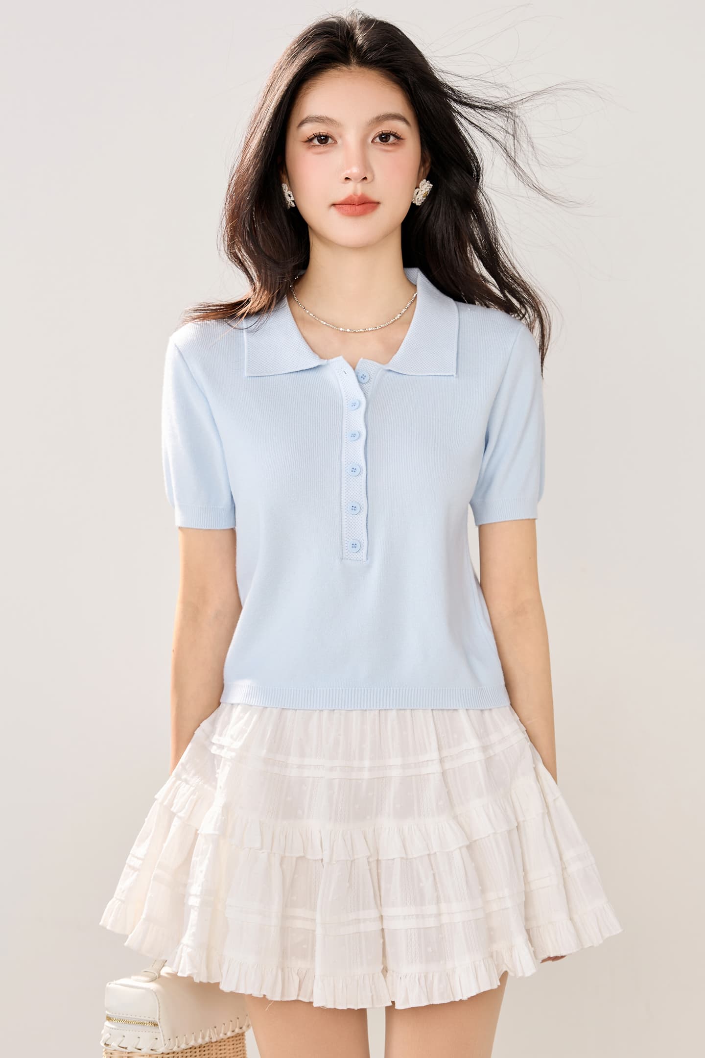 실사 2026 봄 여름 새로운 미니멀리즘 바람 POLO 칼라 단추 니트 스웨터 반팔 여성 슬림해 보이는 다용도 쇼트 스타일 티셔츠 이미지 5