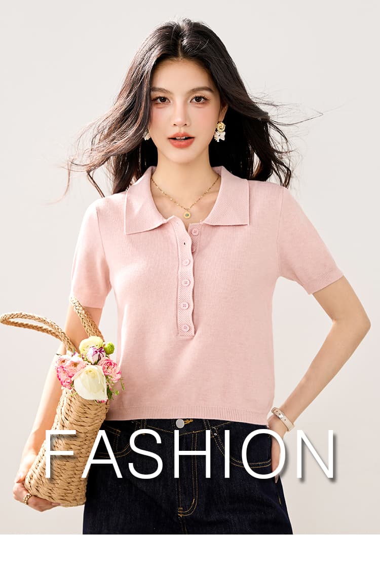 실사 2026 봄 여름 새로운 미니멀리즘 바람 POLO 칼라 단추 니트 스웨터 반팔 여성 슬림해 보이는 다용도 쇼트 스타일 티셔츠 상세 이미지 1