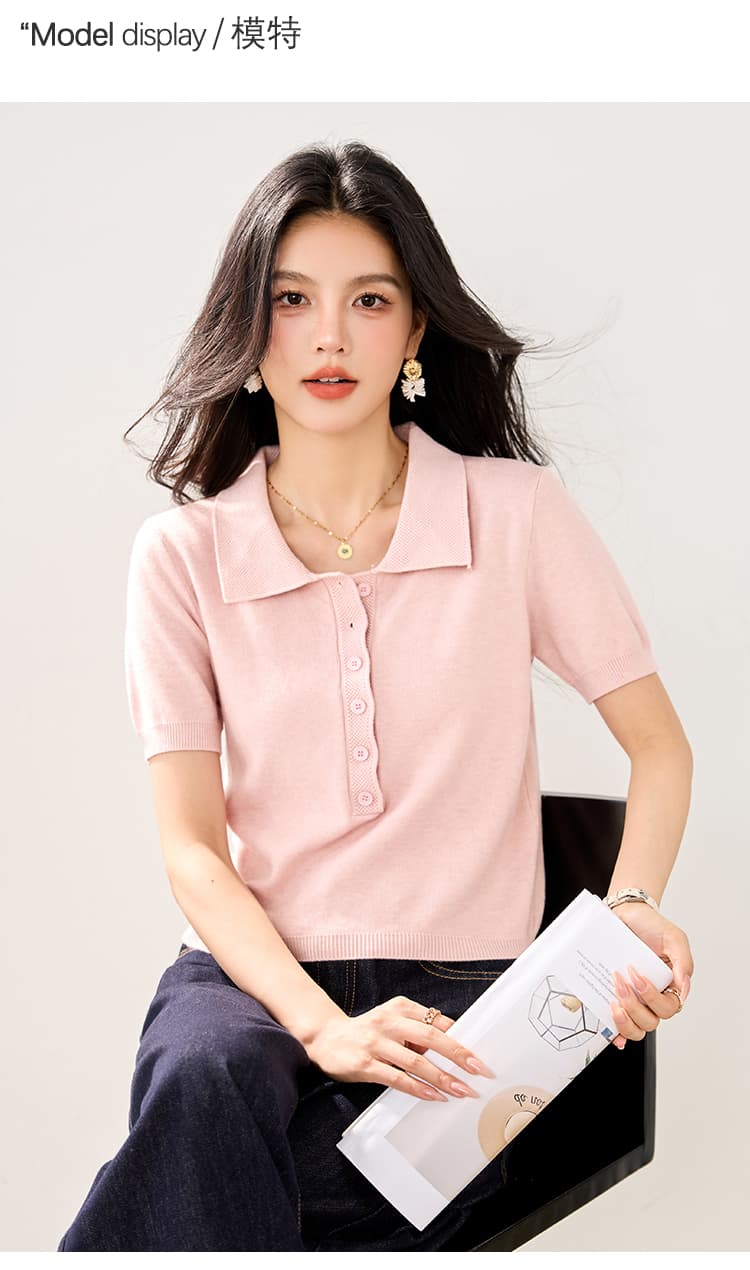 실사 2026 봄 여름 새로운 미니멀리즘 바람 POLO 칼라 단추 니트 스웨터 반팔 여성 슬림해 보이는 다용도 쇼트 스타일 티셔츠 상세 이미지 5