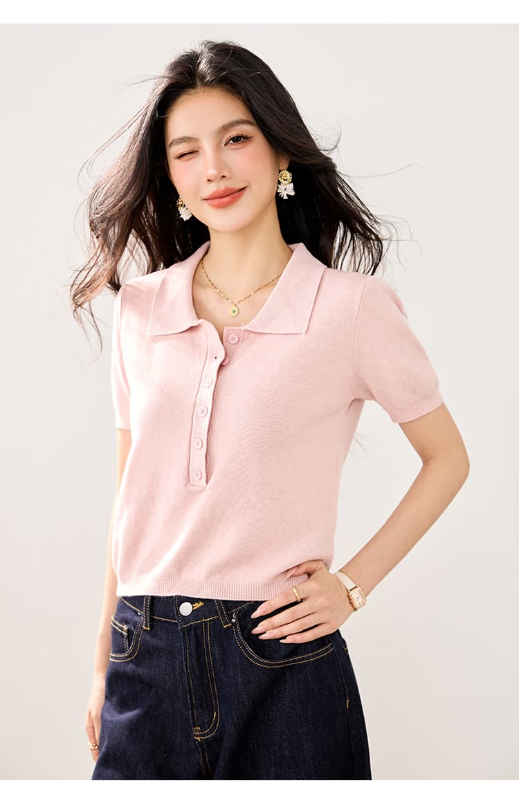 실사 2026 봄 여름 새로운 미니멀리즘 바람 POLO 칼라 단추 니트 스웨터 반팔 여성 슬림해 보이는 다용도 쇼트 스타일 티셔츠 상세 이미지 9