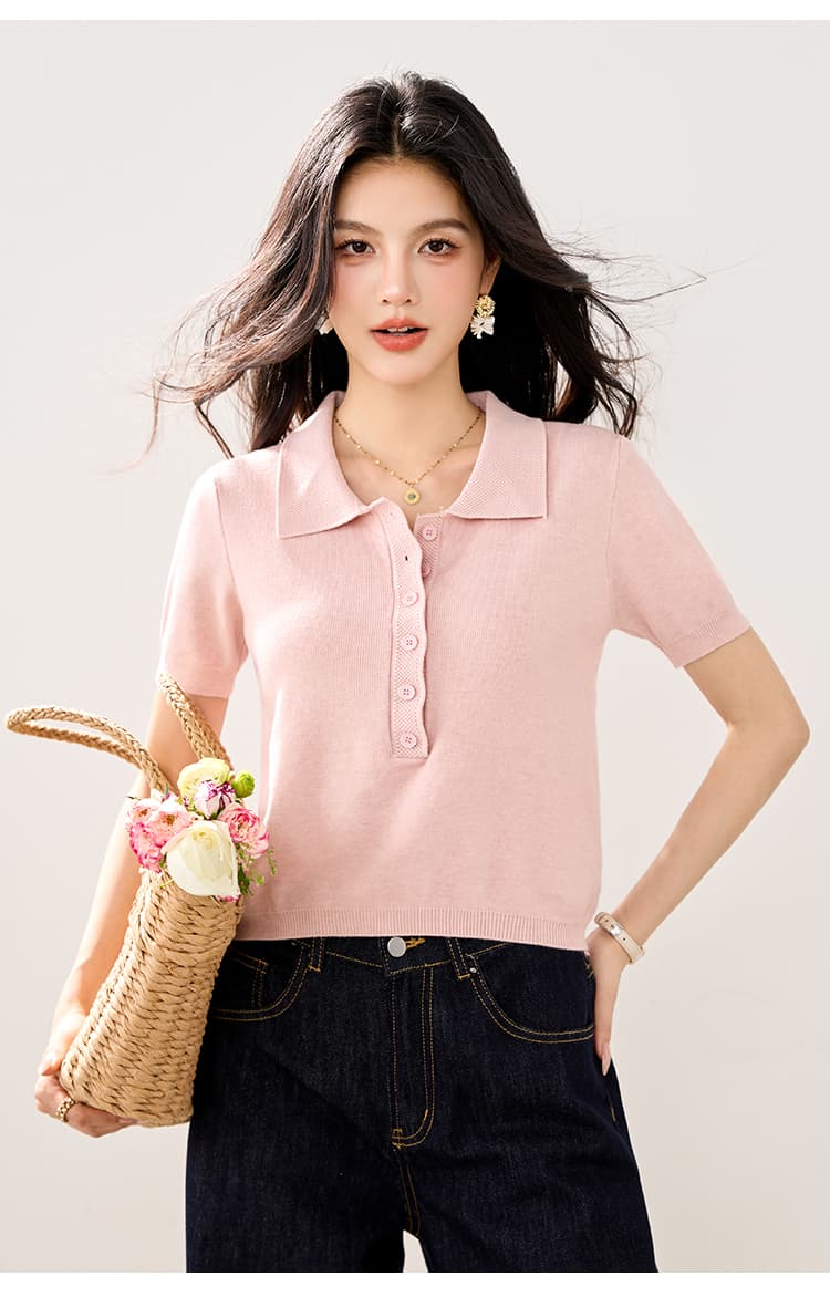 실사 2026 봄 여름 새로운 미니멀리즘 바람 POLO 칼라 단추 니트 스웨터 반팔 여성 슬림해 보이는 다용도 쇼트 스타일 티셔츠 상세 이미지 11