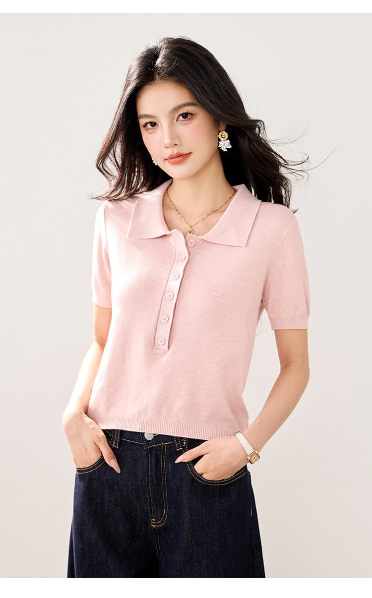 실사 2026 봄 여름 새로운 미니멀리즘 바람 POLO 칼라 단추 니트 스웨터 반팔 여성 슬림해 보이는 다용도 쇼트 스타일 티셔츠 상세 이미지 12
