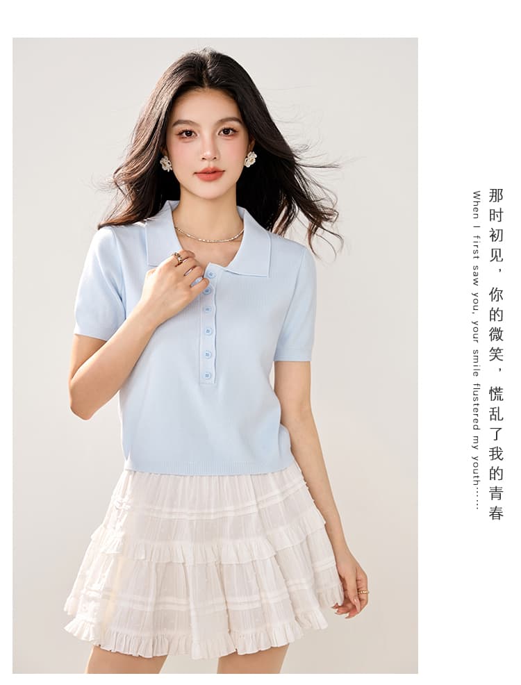 실사 2026 봄 여름 새로운 미니멀리즘 바람 POLO 칼라 단추 니트 스웨터 반팔 여성 슬림해 보이는 다용도 쇼트 스타일 티셔츠 상세 이미지 15