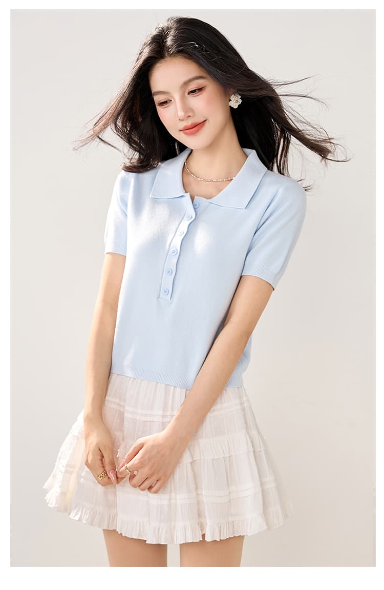 실사 2026 봄 여름 새로운 미니멀리즘 바람 POLO 칼라 단추 니트 스웨터 반팔 여성 슬림해 보이는 다용도 쇼트 스타일 티셔츠 상세 이미지 16