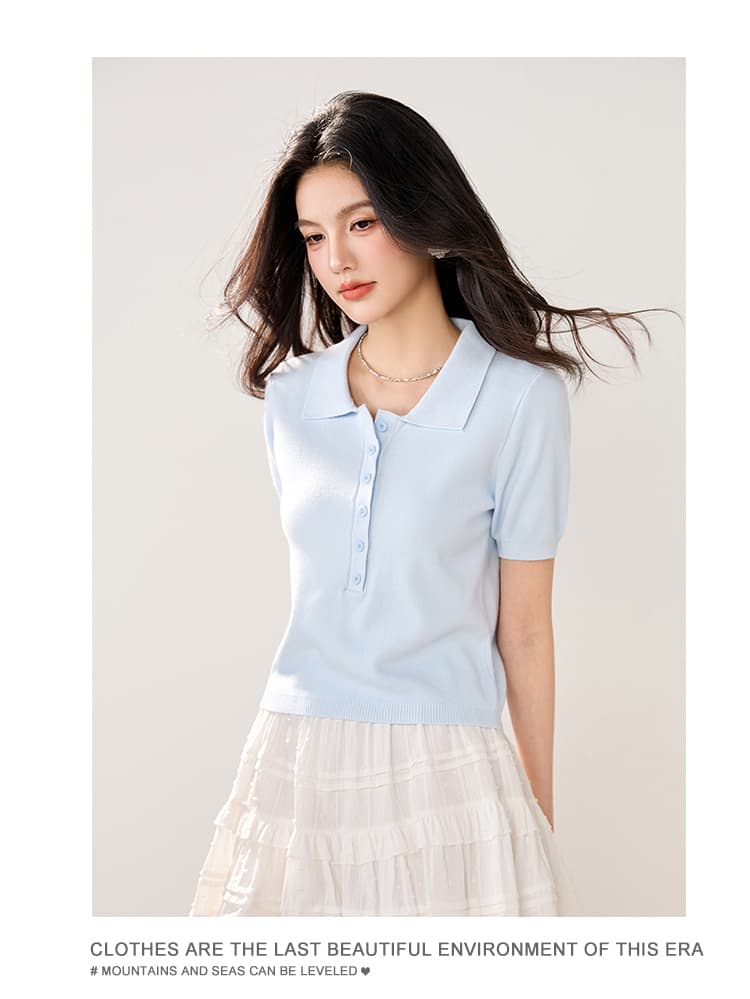 실사 2026 봄 여름 새로운 미니멀리즘 바람 POLO 칼라 단추 니트 스웨터 반팔 여성 슬림해 보이는 다용도 쇼트 스타일 티셔츠 상세 이미지 18