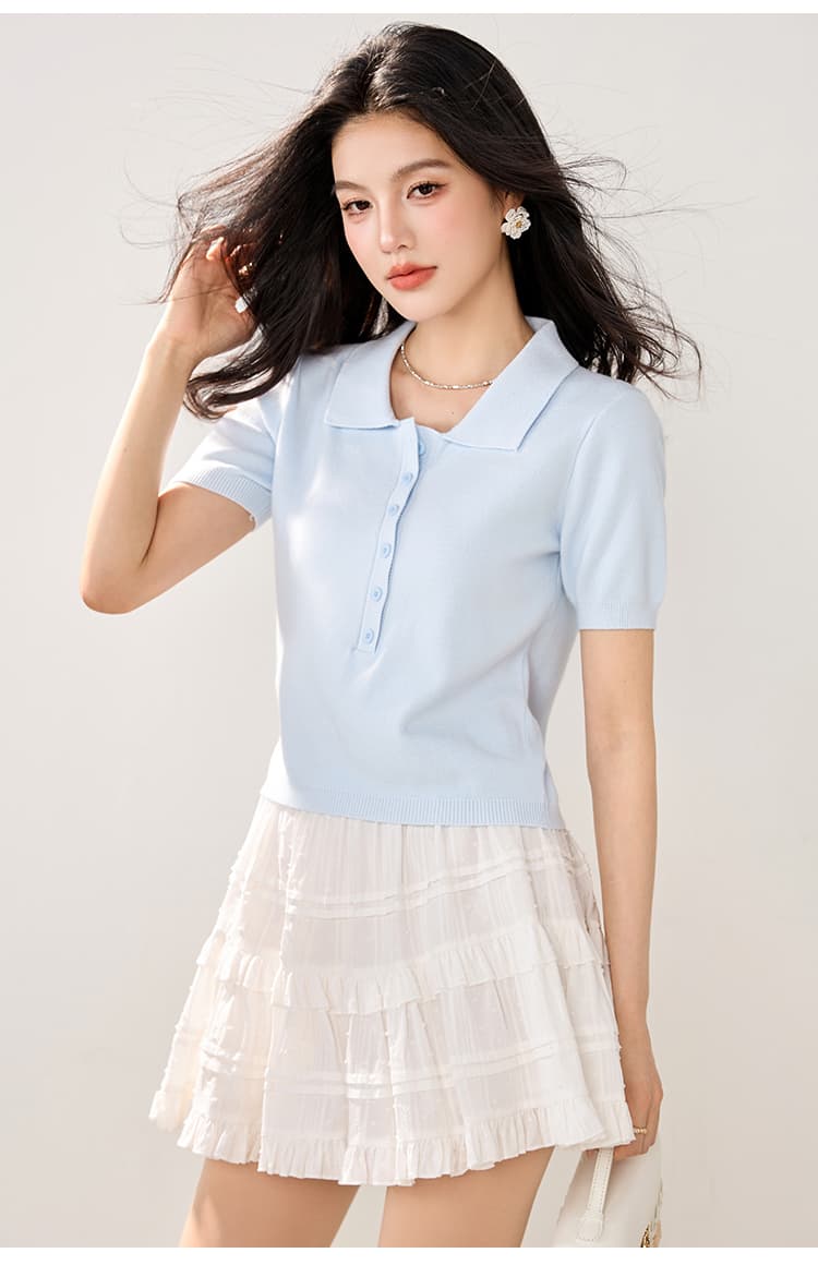 실사 2026 봄 여름 새로운 미니멀리즘 바람 POLO 칼라 단추 니트 스웨터 반팔 여성 슬림해 보이는 다용도 쇼트 스타일 티셔츠 상세 이미지 19