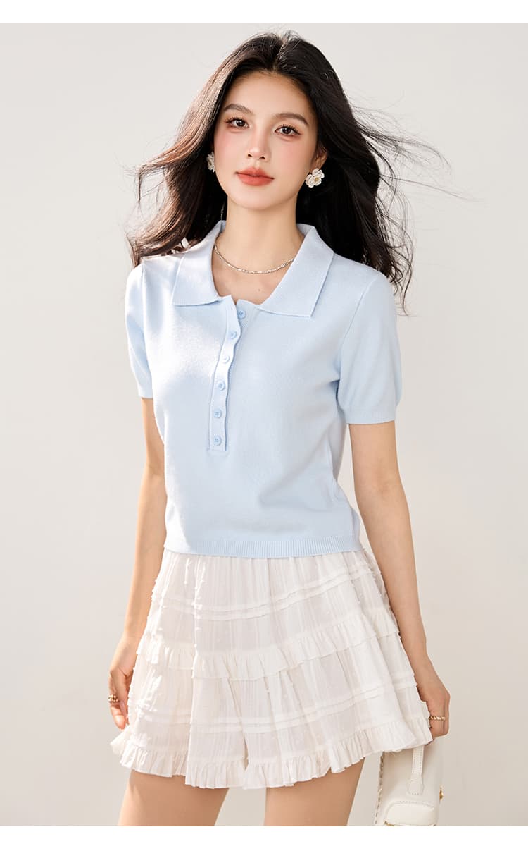실사 2026 봄 여름 새로운 미니멀리즘 바람 POLO 칼라 단추 니트 스웨터 반팔 여성 슬림해 보이는 다용도 쇼트 스타일 티셔츠 상세 이미지 20