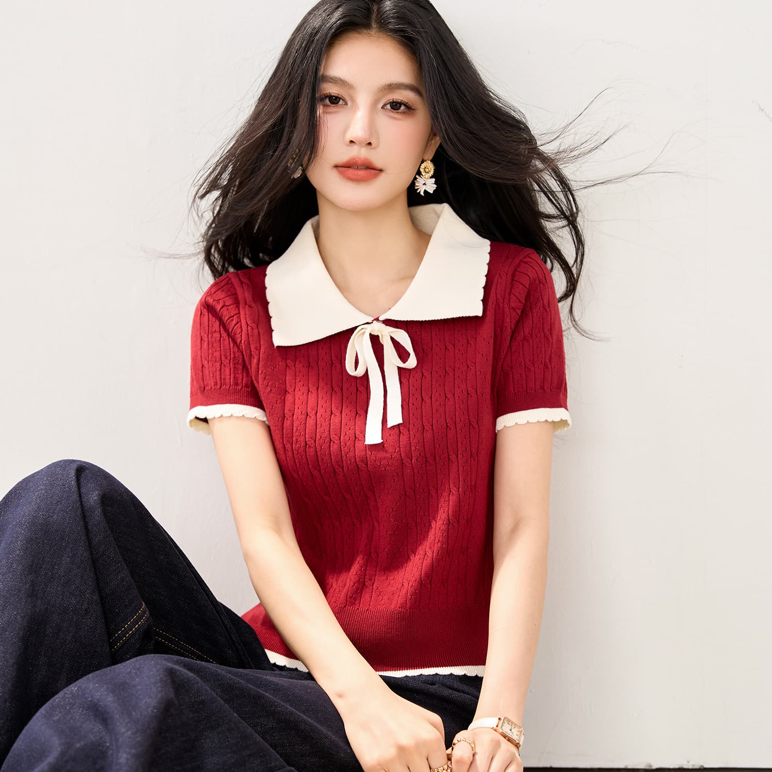 실사 새로운 반팔 니트 스웨터 여성 봄 여름 작은 샤넬 스타일 POLO 칼라 나비 매듭 배색 달콤함 한국 스타일 짧은 여성 이미지 6