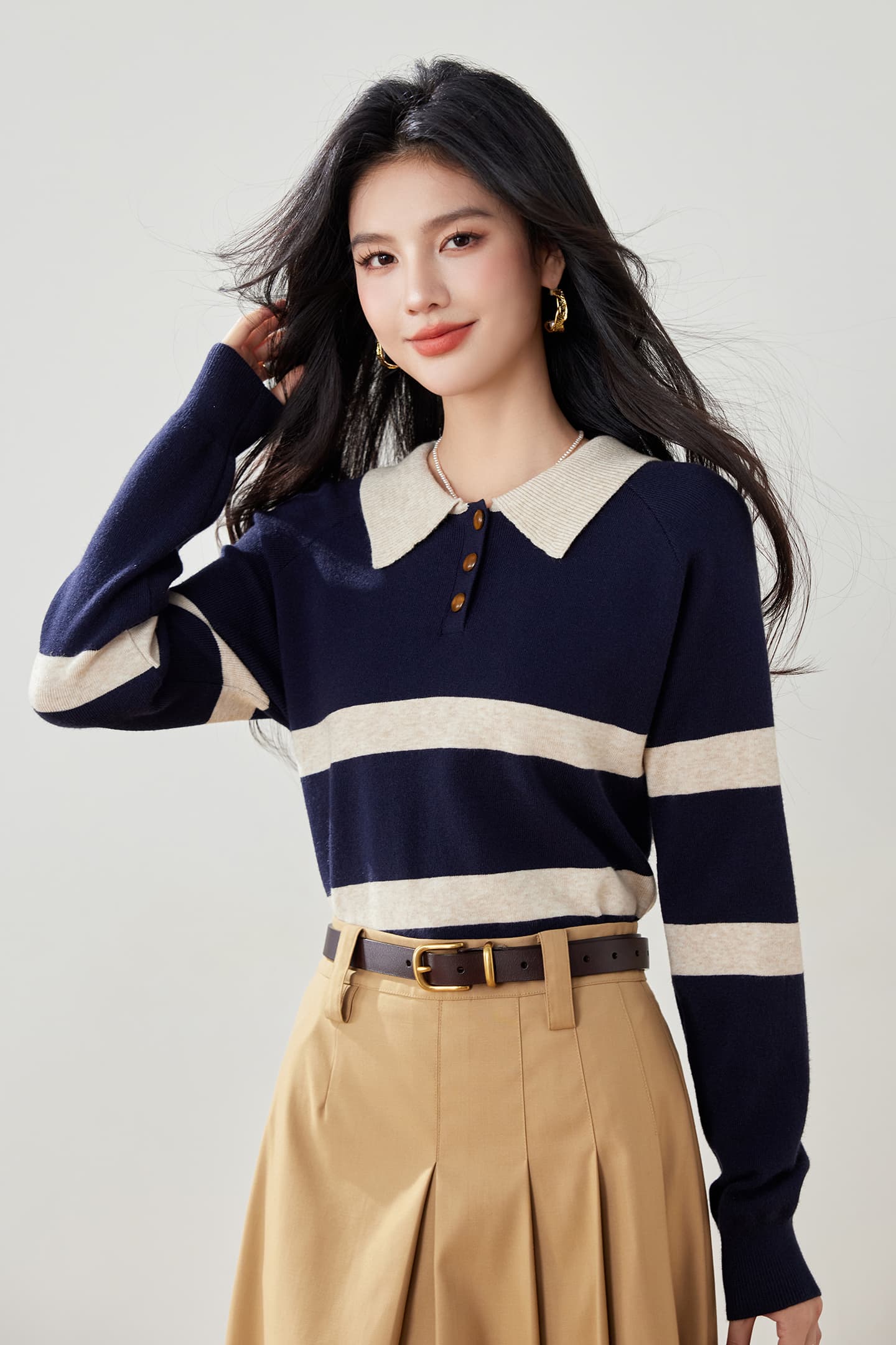 실사 가을 새로운 스트라이프 니트 스웨터 여성 POLO 칼라 긴팔 폴로 칼라 배색 한국 스타일 풀오버 짧은 여성 이미지 3