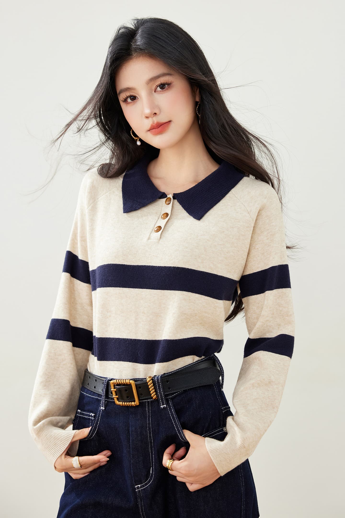 실사 가을 새로운 스트라이프 니트 스웨터 여성 POLO 칼라 긴팔 폴로 칼라 배색 한국 스타일 풀오버 짧은 여성 이미지 7