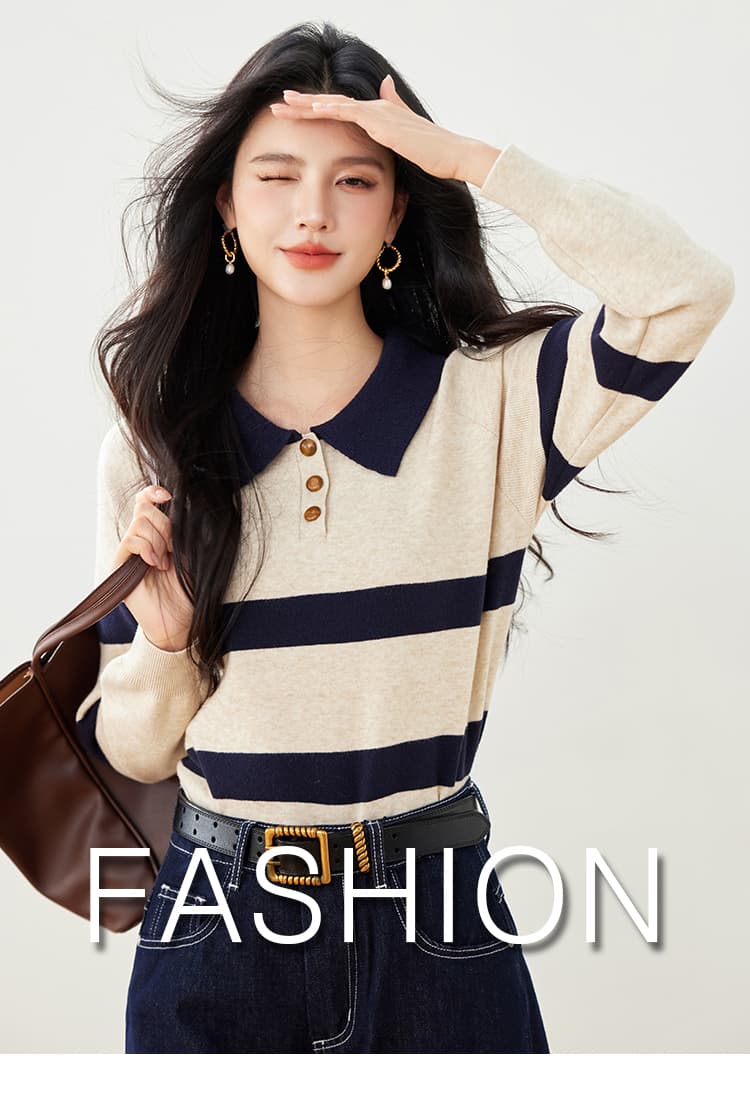 실사 가을 새로운 스트라이프 니트 스웨터 여성 POLO 칼라 긴팔 폴로 칼라 배색 한국 스타일 풀오버 짧은 여성 상세 이미지 1