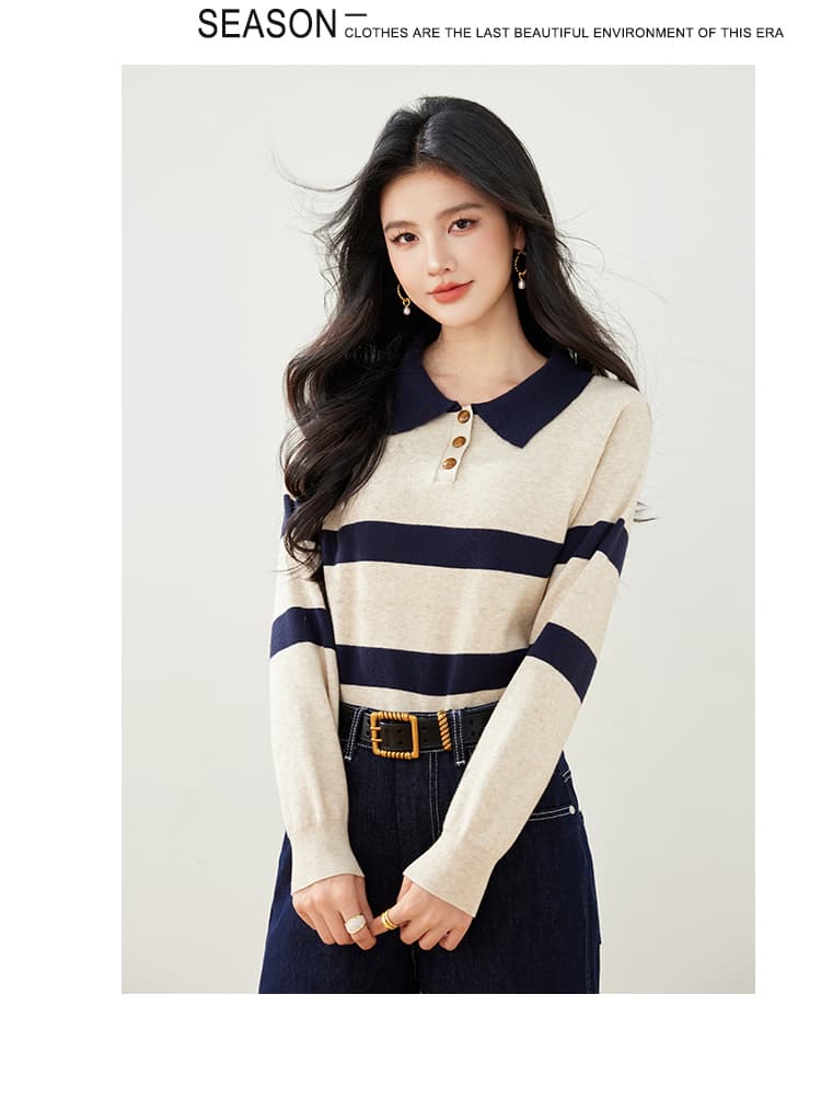 실사 가을 새로운 스트라이프 니트 스웨터 여성 POLO 칼라 긴팔 폴로 칼라 배색 한국 스타일 풀오버 짧은 여성 상세 이미지 6