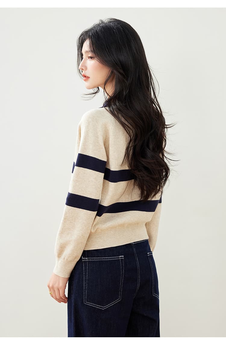 실사 가을 새로운 스트라이프 니트 스웨터 여성 POLO 칼라 긴팔 폴로 칼라 배색 한국 스타일 풀오버 짧은 여성 상세 이미지 9