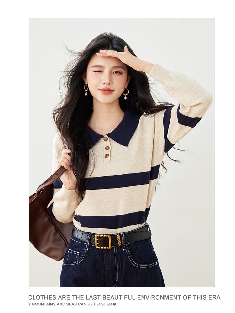 실사 가을 새로운 스트라이프 니트 스웨터 여성 POLO 칼라 긴팔 폴로 칼라 배색 한국 스타일 풀오버 짧은 여성 상세 이미지 10
