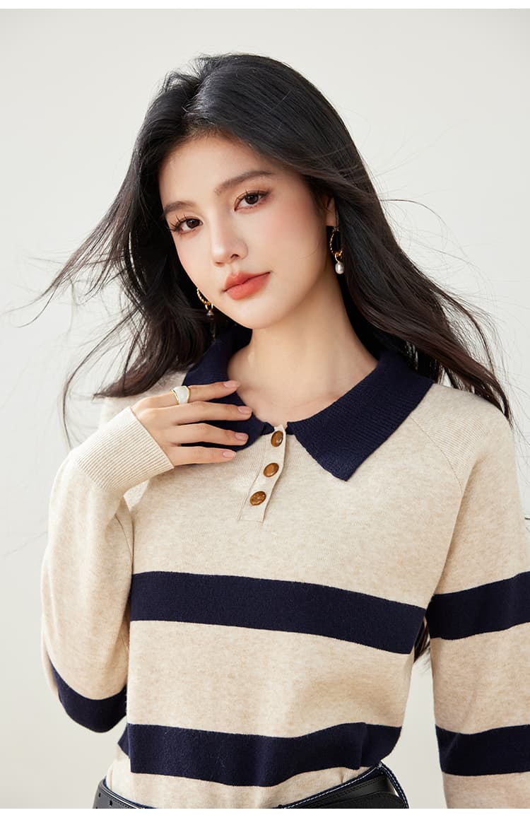 실사 가을 새로운 스트라이프 니트 스웨터 여성 POLO 칼라 긴팔 폴로 칼라 배색 한국 스타일 풀오버 짧은 여성 상세 이미지 11