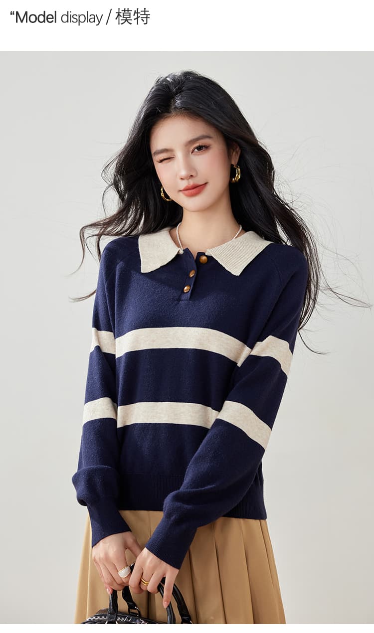 실사 가을 새로운 스트라이프 니트 스웨터 여성 POLO 칼라 긴팔 폴로 칼라 배색 한국 스타일 풀오버 짧은 여성 상세 이미지 12
