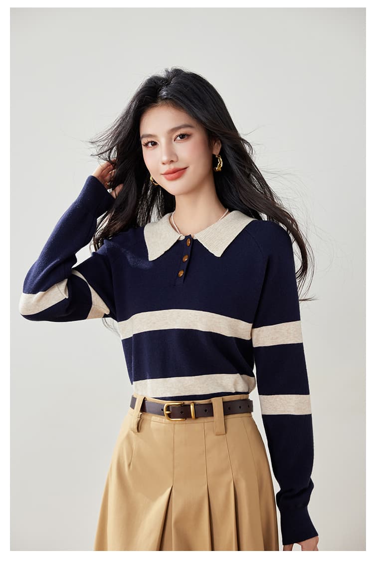 실사 가을 새로운 스트라이프 니트 스웨터 여성 POLO 칼라 긴팔 폴로 칼라 배색 한국 스타일 풀오버 짧은 여성 상세 이미지 15