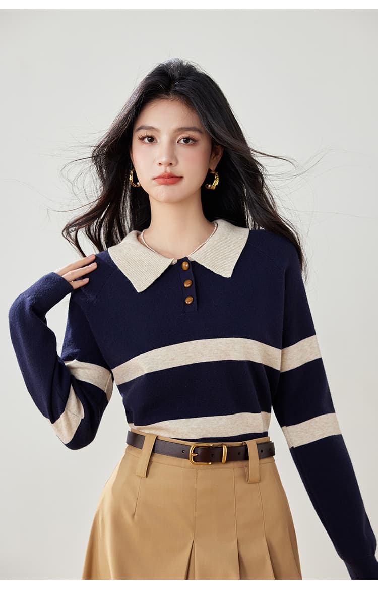 실사 가을 새로운 스트라이프 니트 스웨터 여성 POLO 칼라 긴팔 폴로 칼라 배색 한국 스타일 풀오버 짧은 여성 상세 이미지 18