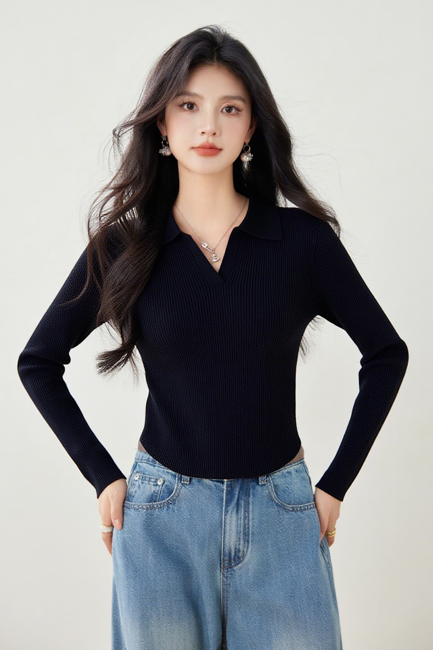 실사 가을 니트 스웨터 여성 풀오버 POLO 칼라 몸매 가꾸기 슬림해 보이는 긴팔 단색 제비꼬리 디자인 센스 스웨터 이미지 2