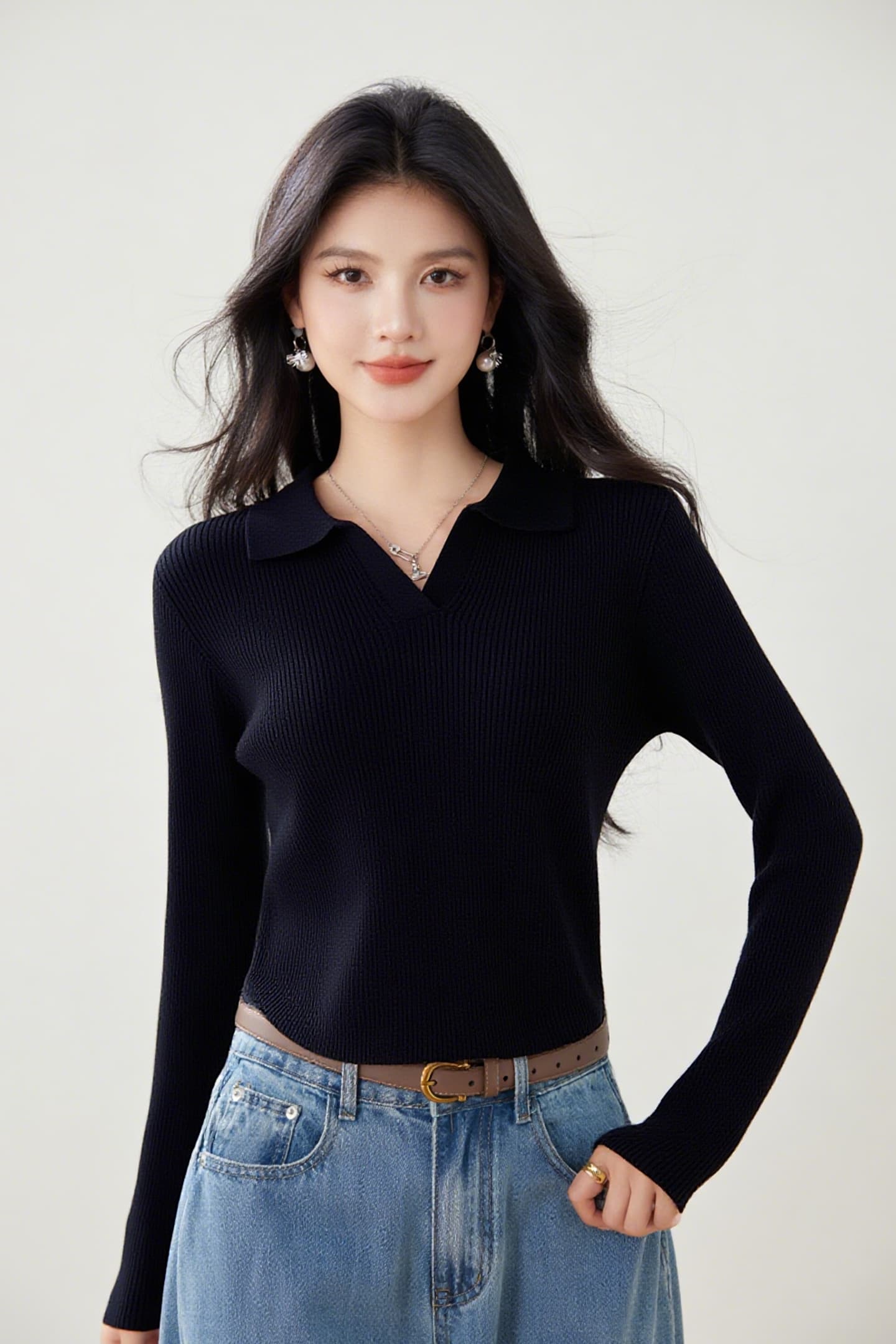 실사 가을 니트 스웨터 여성 풀오버 POLO 칼라 몸매 가꾸기 슬림해 보이는 긴팔 단색 제비꼬리 디자인 센스 스웨터 이미지 5