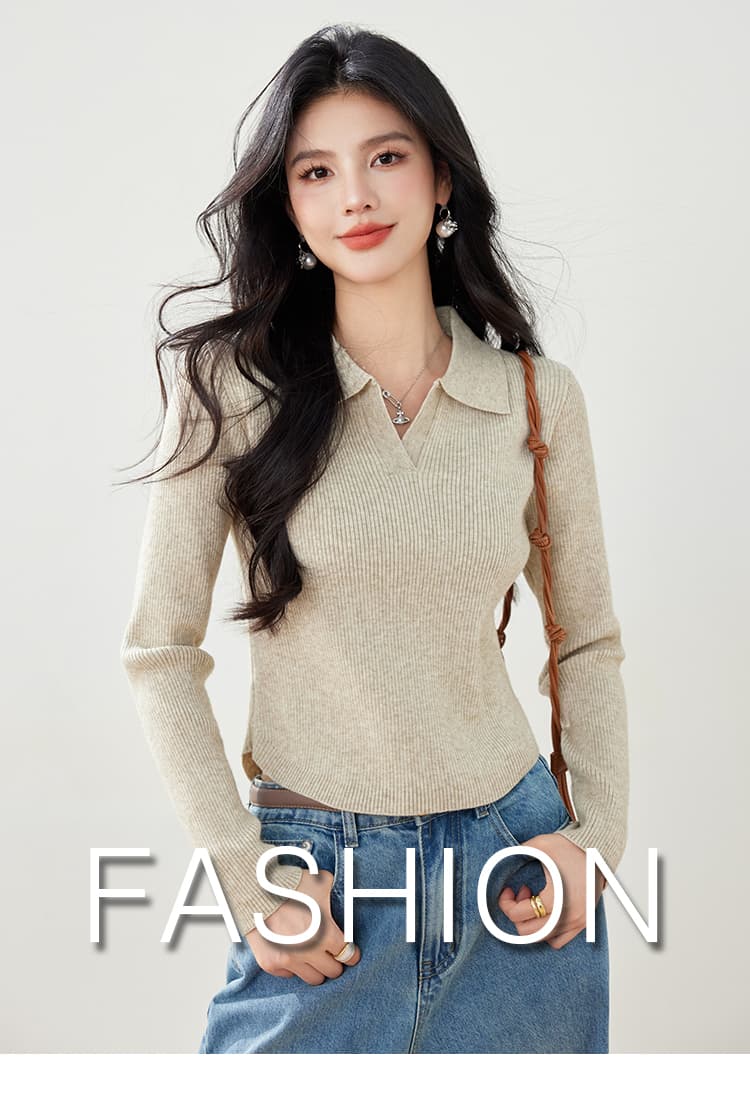 실사 가을 니트 스웨터 여성 풀오버 POLO 칼라 몸매 가꾸기 슬림해 보이는 긴팔 단색 제비꼬리 디자인 센스 스웨터 상세 이미지 1