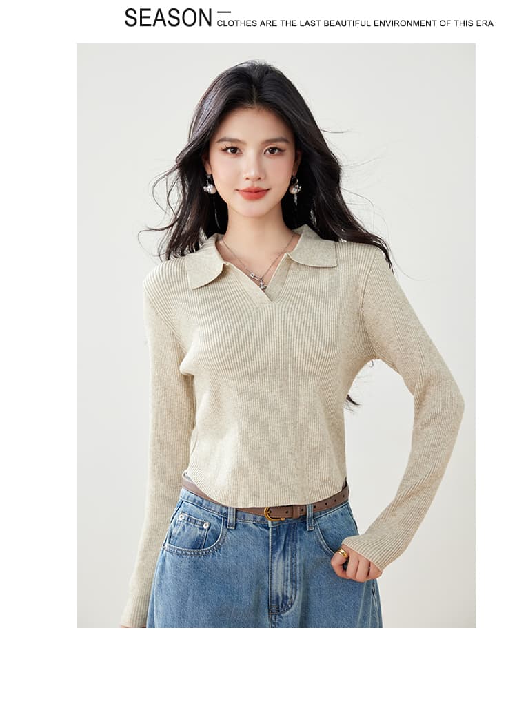 실사 가을 니트 스웨터 여성 풀오버 POLO 칼라 몸매 가꾸기 슬림해 보이는 긴팔 단색 제비꼬리 디자인 센스 스웨터 상세 이미지 6