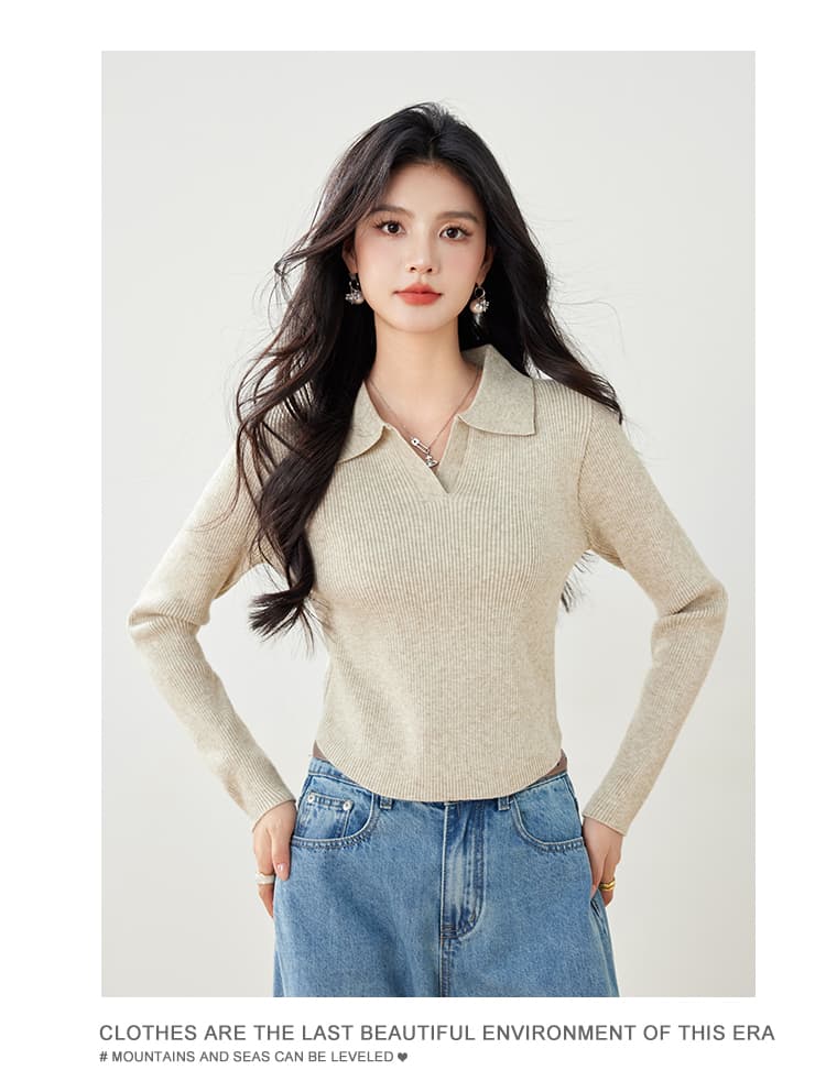 실사 가을 니트 스웨터 여성 풀오버 POLO 칼라 몸매 가꾸기 슬림해 보이는 긴팔 단색 제비꼬리 디자인 센스 스웨터 상세 이미지 10
