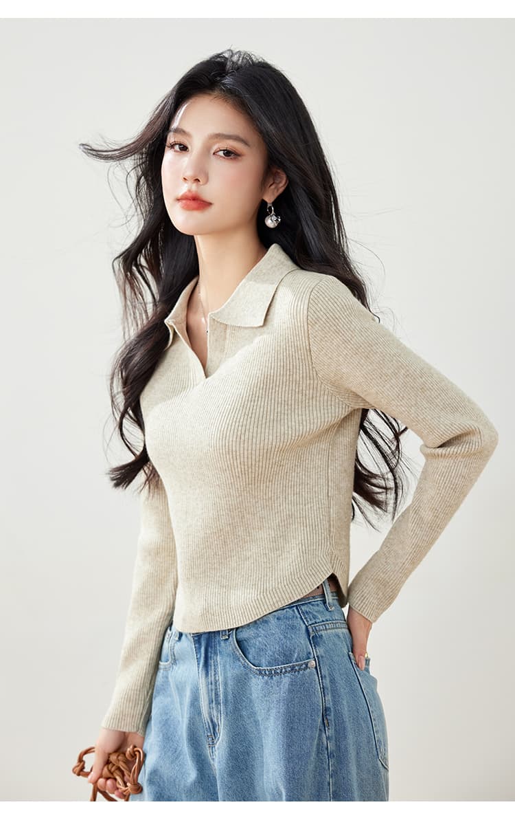 실사 가을 니트 스웨터 여성 풀오버 POLO 칼라 몸매 가꾸기 슬림해 보이는 긴팔 단색 제비꼬리 디자인 센스 스웨터 상세 이미지 12