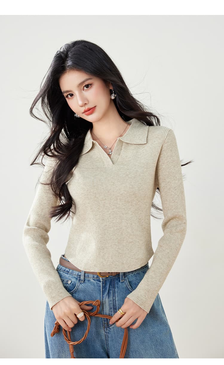 실사 가을 니트 스웨터 여성 풀오버 POLO 칼라 몸매 가꾸기 슬림해 보이는 긴팔 단색 제비꼬리 디자인 센스 스웨터 상세 이미지 13