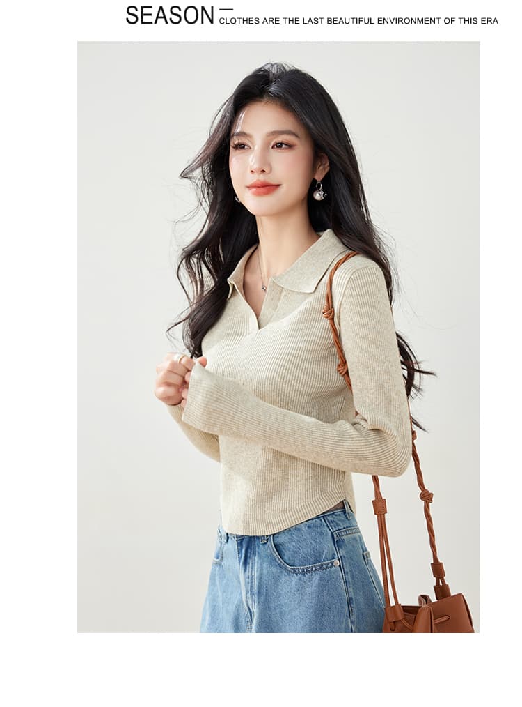 실사 가을 니트 스웨터 여성 풀오버 POLO 칼라 몸매 가꾸기 슬림해 보이는 긴팔 단색 제비꼬리 디자인 센스 스웨터 상세 이미지 14