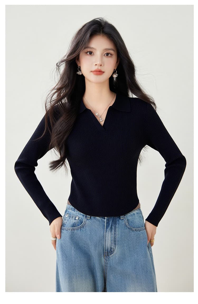 실사 가을 니트 스웨터 여성 풀오버 POLO 칼라 몸매 가꾸기 슬림해 보이는 긴팔 단색 제비꼬리 디자인 센스 스웨터 상세 이미지 16